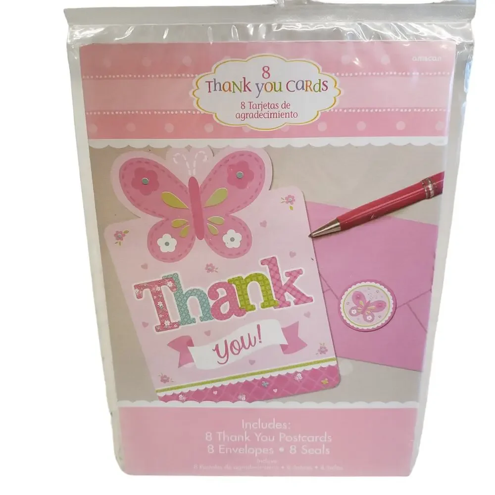 Baby Girl Pink Butterfly Thank You Cards Baby Shower with Envelopes 8 Pack NEW